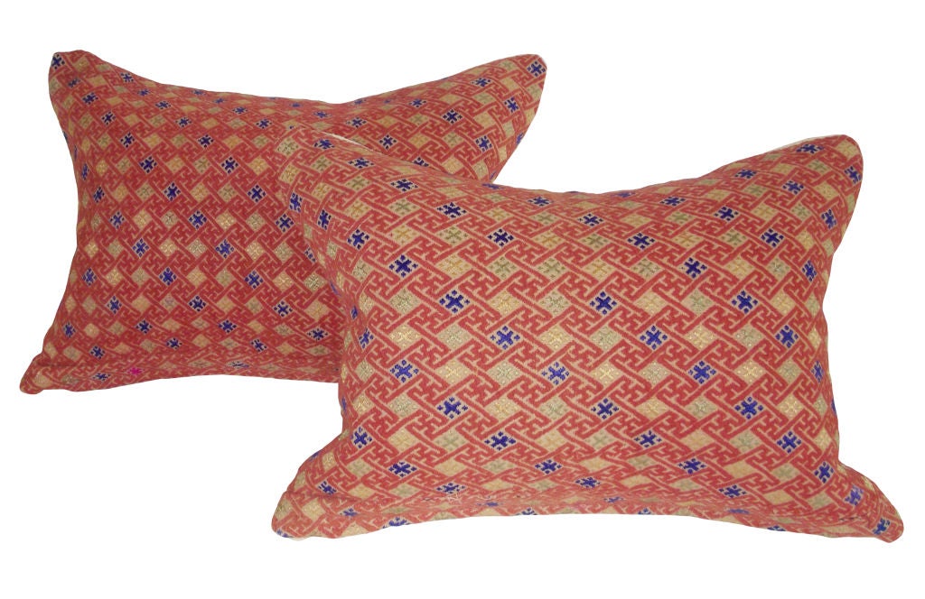 Pair of Chinese Red Brocade Pillows 1