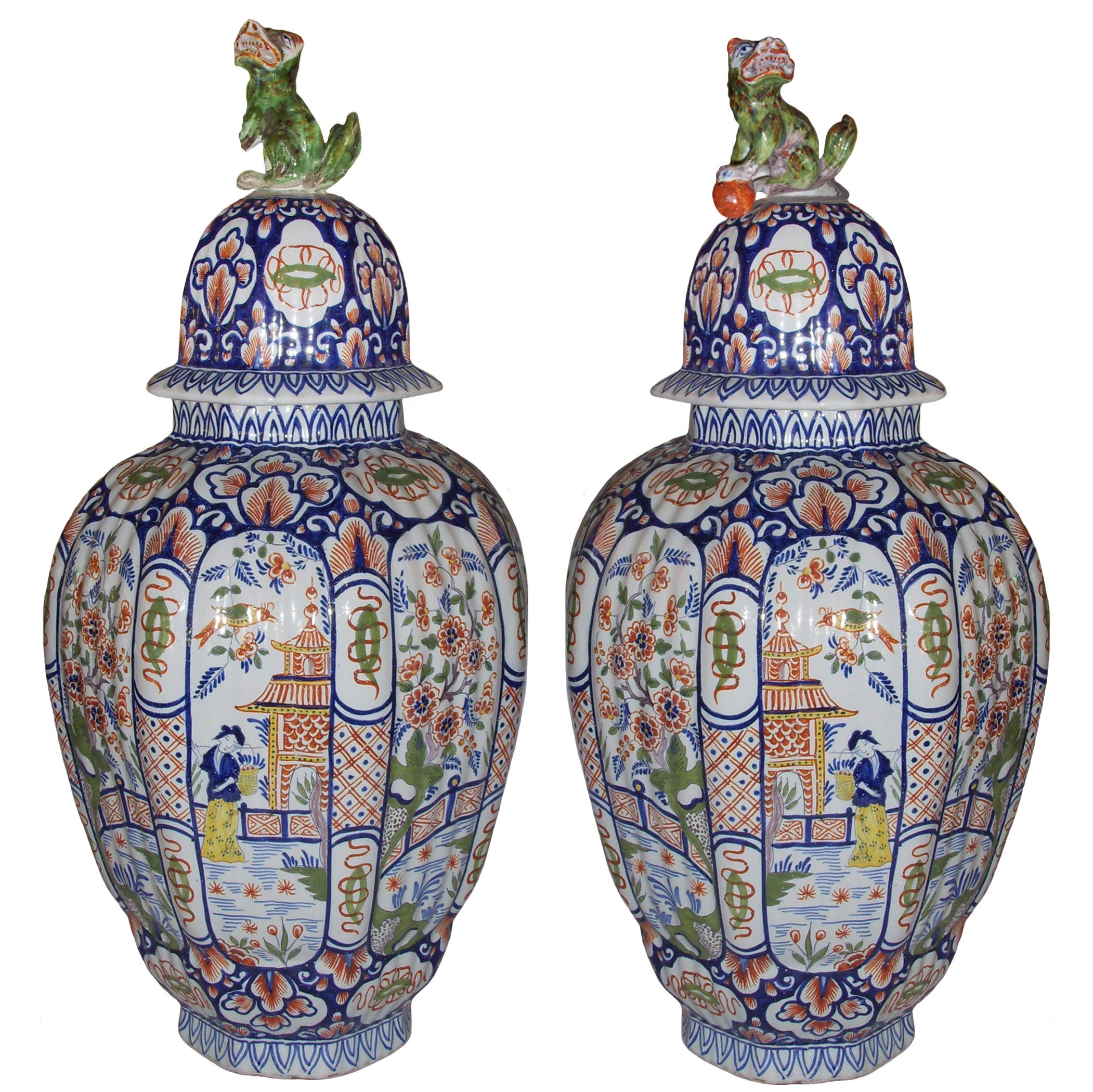 Pair of 19th Century Covered Delft Vases