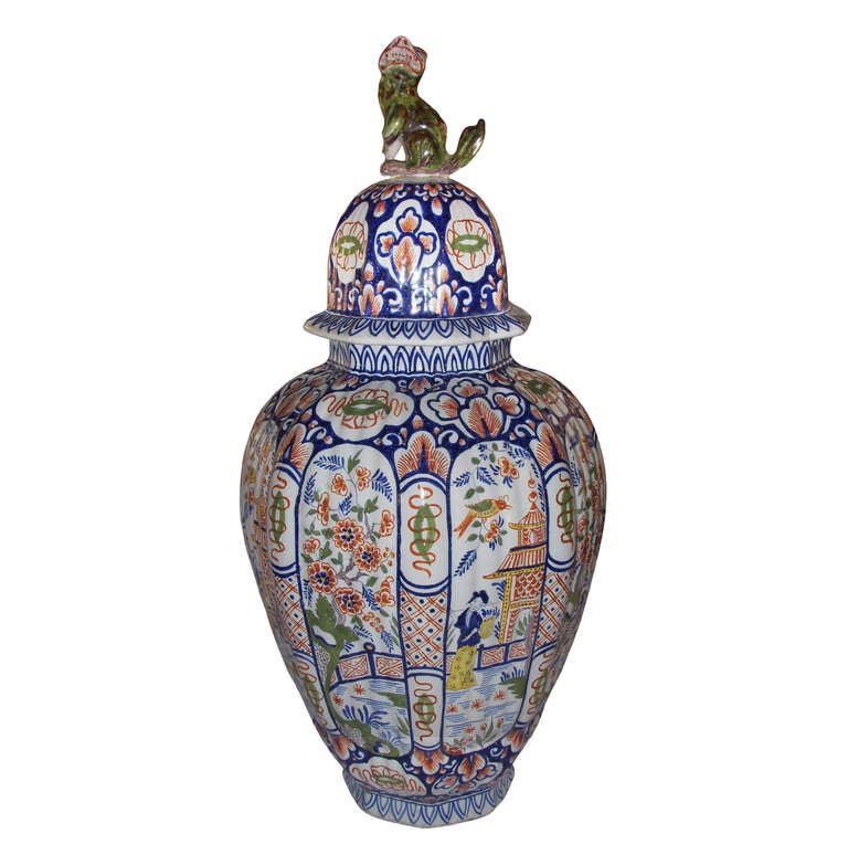 Glazed Pair of 19th Century Covered Delft Vases
