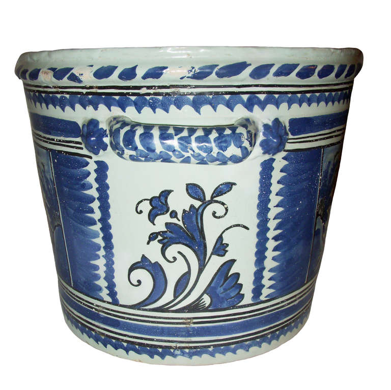 French Blue and White Never Planter; Landscape central scene; floral side panels; with handles; Circa 1800