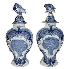 Pair of Blue & White Delft Faience Covered Vases