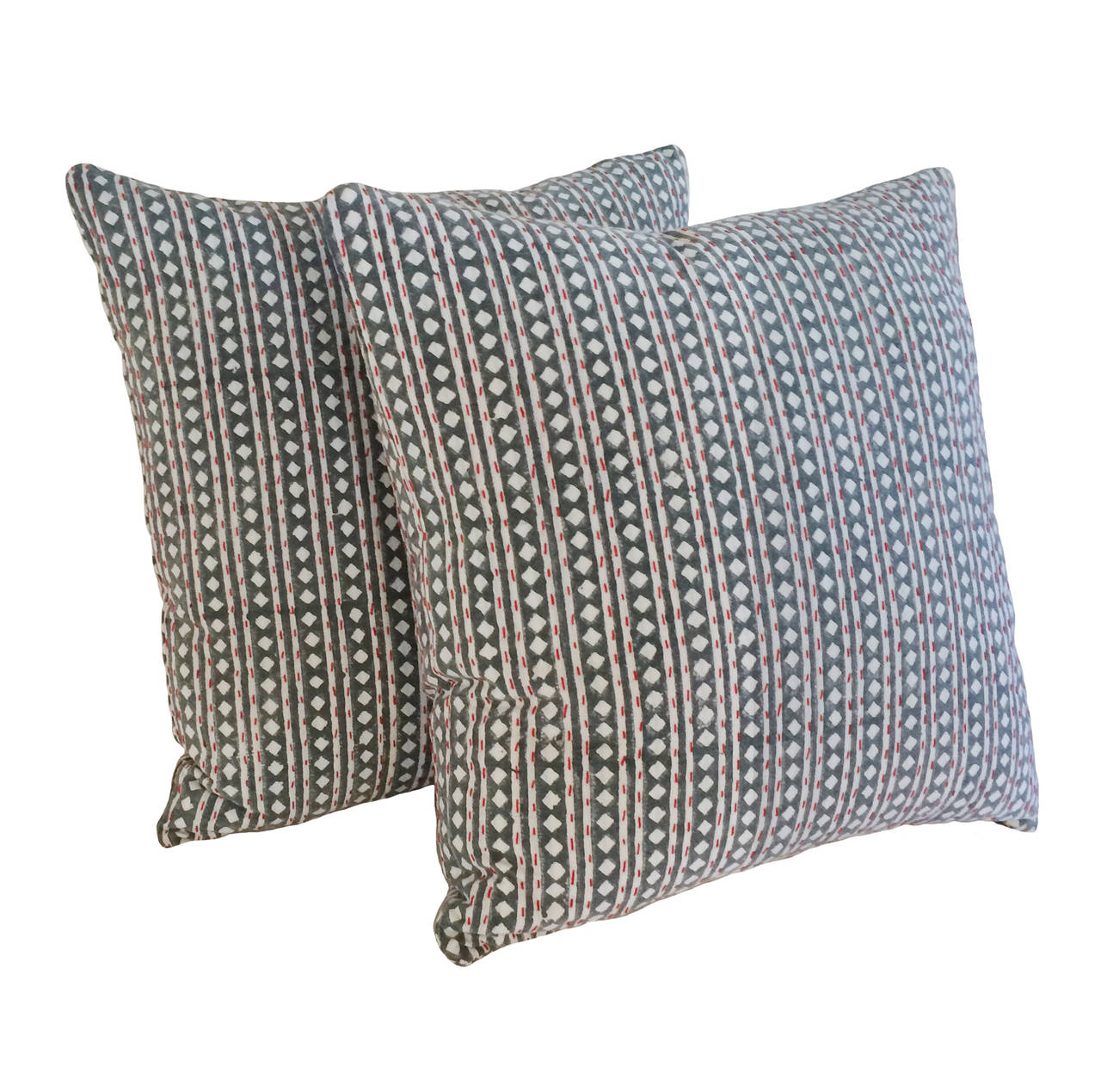 A pair of vintage Kantha down pillows; geometric diamond pattern; pale blue green on white background with thin red chain stitch on both sides, 19th century.