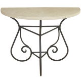 French Demilune Console Garden Table with Travertine Stone Top