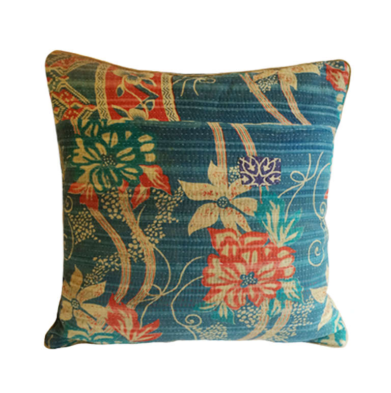 Pair of vintage Kantha Floral Down Pillows; Mediterranean blue, red, ivory; India; 19th Century