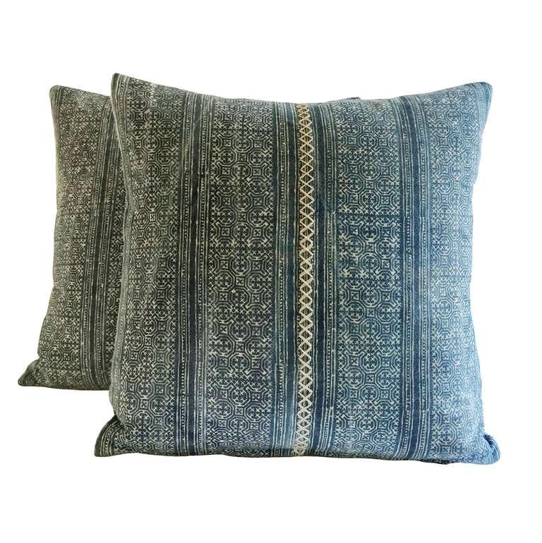 Indonesian 19th Century Pair of Indigo Batik Pillows