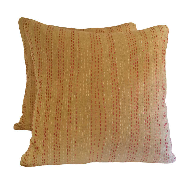 Pair of Indian Kantha Pillows In Excellent Condition In Montecito, CA