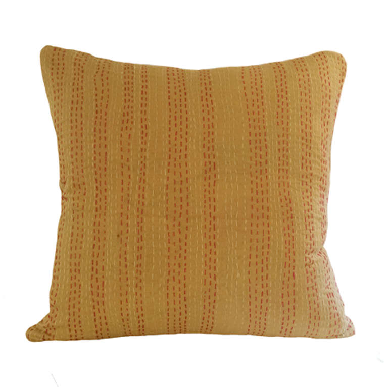 Pair of vintage Indian Kantha pillows; white and red hand stitched detail on beige color background, midcentury.