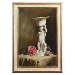 Still life with a statuette and pink roses 