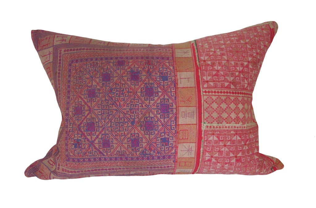 Very unusual Chinese cross stitch down pillow; purple, red, beige. Meticulous stitching forming a series of geometric patterns; early 19th Century.  Beautiful color palette.