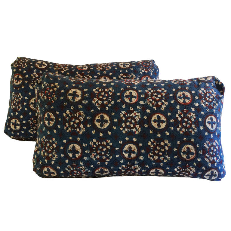 Vintage Hand Block Indigo Pillows In Excellent Condition In Montecito, CA