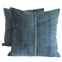 Antique 19th Century Pair of Indigo Batik Pillows
