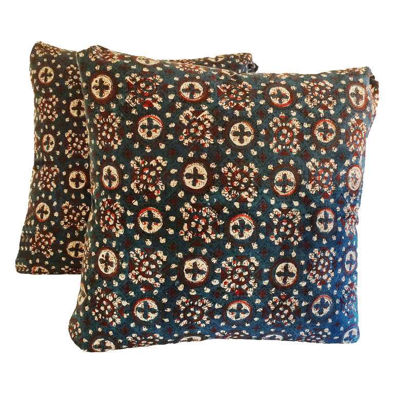 Pair of custom vintage Indigo Hand Block down Pillows with alternate patterns on each side; India; 19th Century.