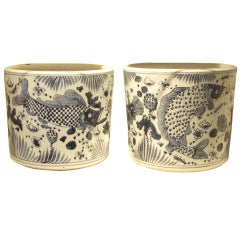 Pair of Cantonese Blue & White Fish Pots