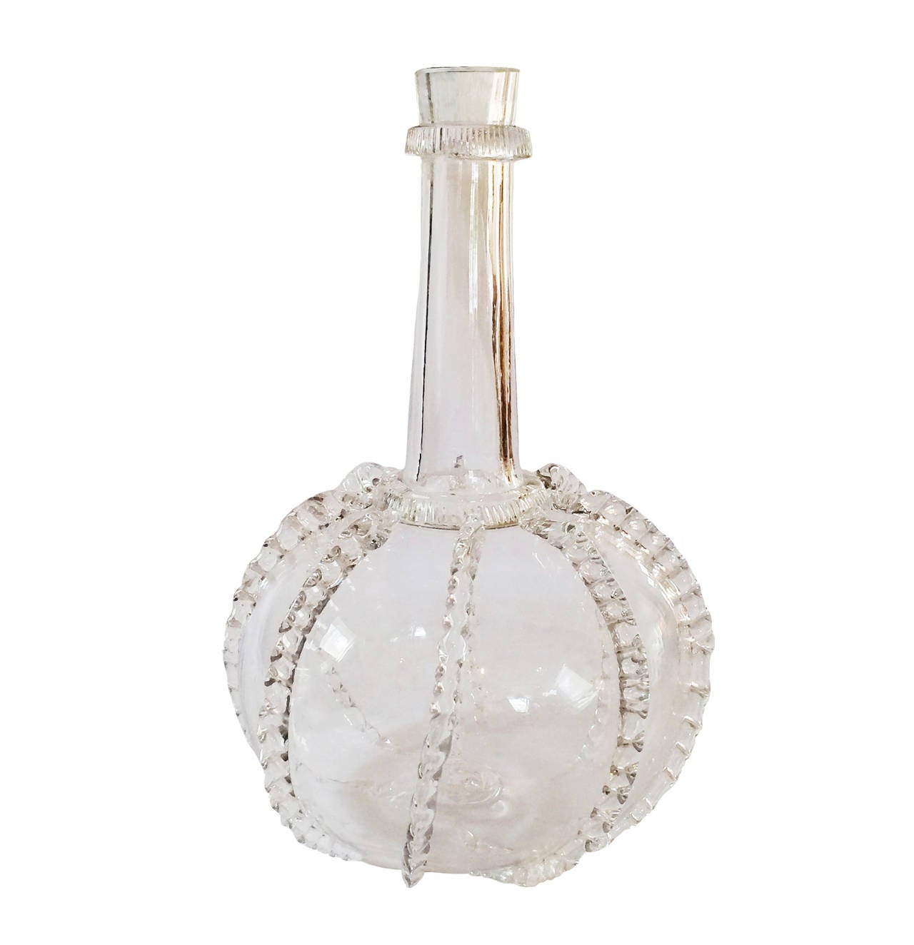 Handblown Dutch glass decanter with vertical ribbed beading; 18th century.