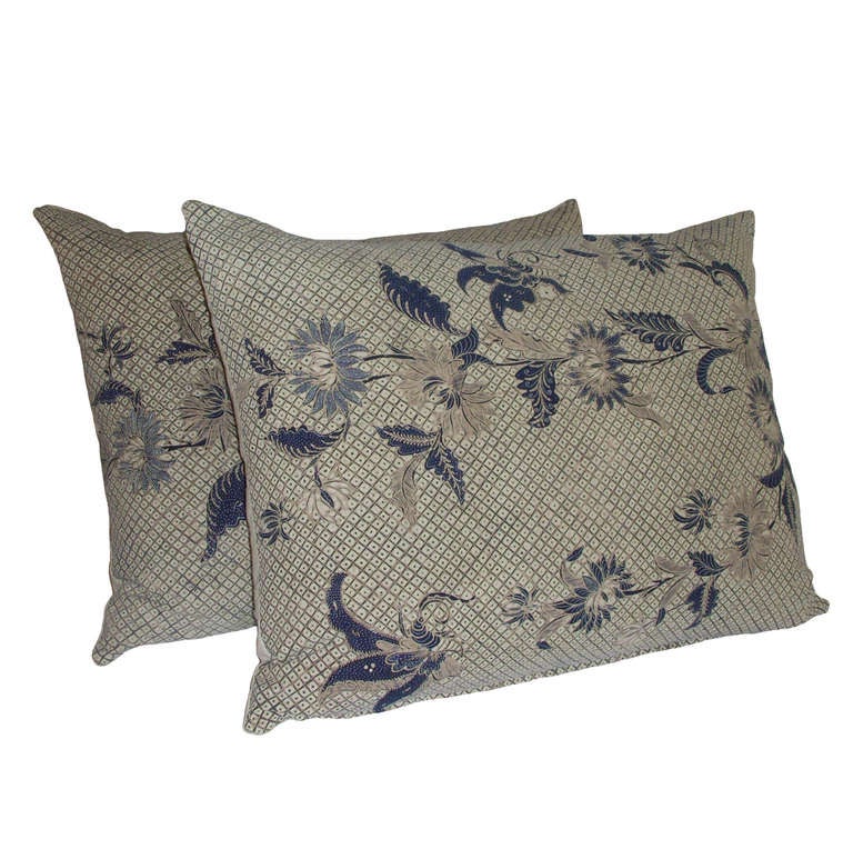Pair of custom vintage indigo and taupe Indonesian Batik down pillows; 19th Century.