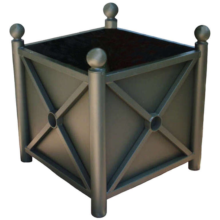 Fabulous pair of large Versailles painted steel plant boxes with liners; Circa  1900.  Incredible scale.  Beautiful patina.  Sold as a pair.