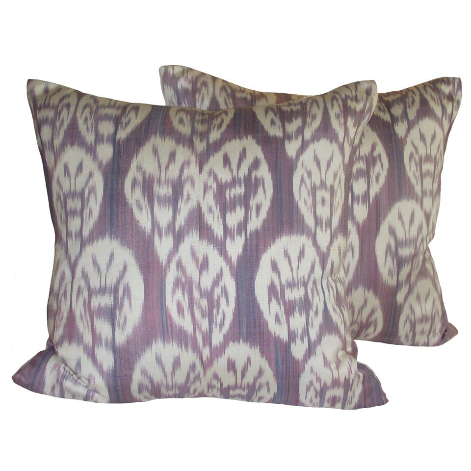 19th Century Pair Of Lavender Ikat Down Pillows