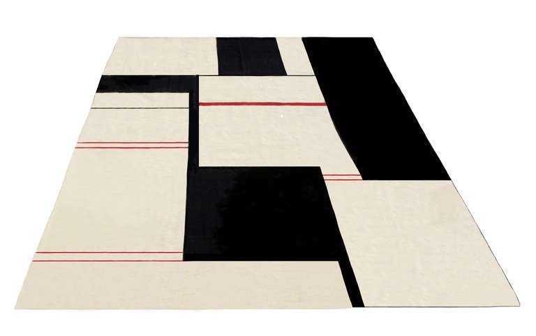 A sensational Afghan Wool Kilim; Ivory ground with a series of red lines and black geometric shapes.  A woven piece of contemporary art. 14' x 11.25'