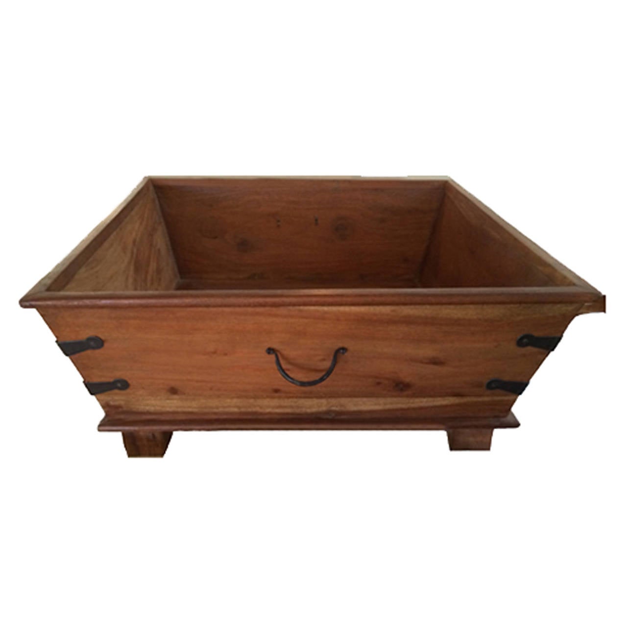 Mid-Century teak low square planter raised on feet, two iron handles, India.
A pair is available and priced individually.