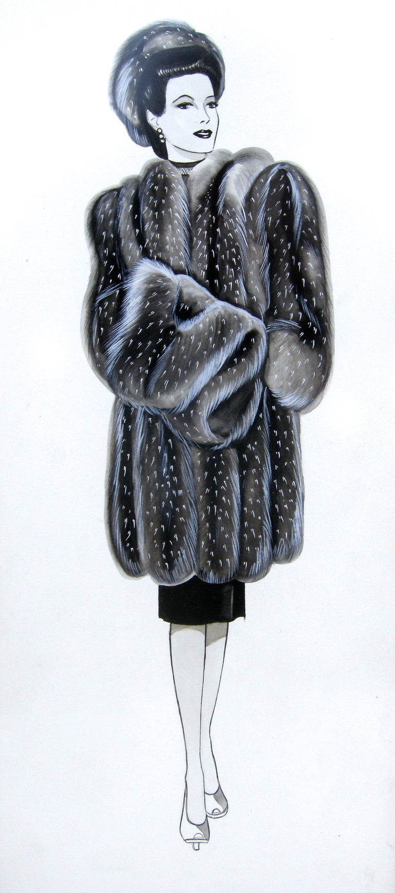An elegant set of vintage, hand drawn fashion prints. Each highlighting a fabulous fur coat and hat. Great details and visual appeal.Bold monochromatic style and aesthetic. Signed under matting: Eunice Otto, 1946.