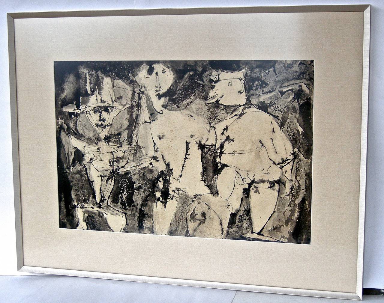 Striking, vintage ink and pen, gouache-style Modernist painting. Superb trio of motley, free-form figures of dubious endeavors. A vivid and evocative standout.
Artist signed and dated. Contemporary custom framing.