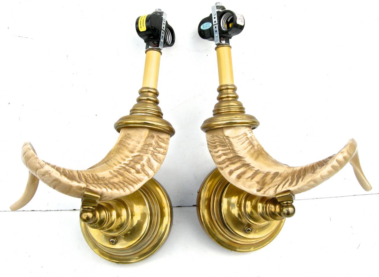 Late 20th Century Pair of Faux-Horn Chapman Wall Lights