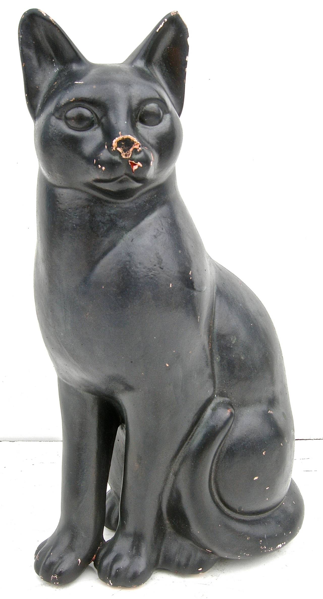 A terrific, Folk Art style, vintage terra cotta black cat. Having and amusing, whimsical a highly intriguing personality and demeanor. Time worn, scattered wear and distress.