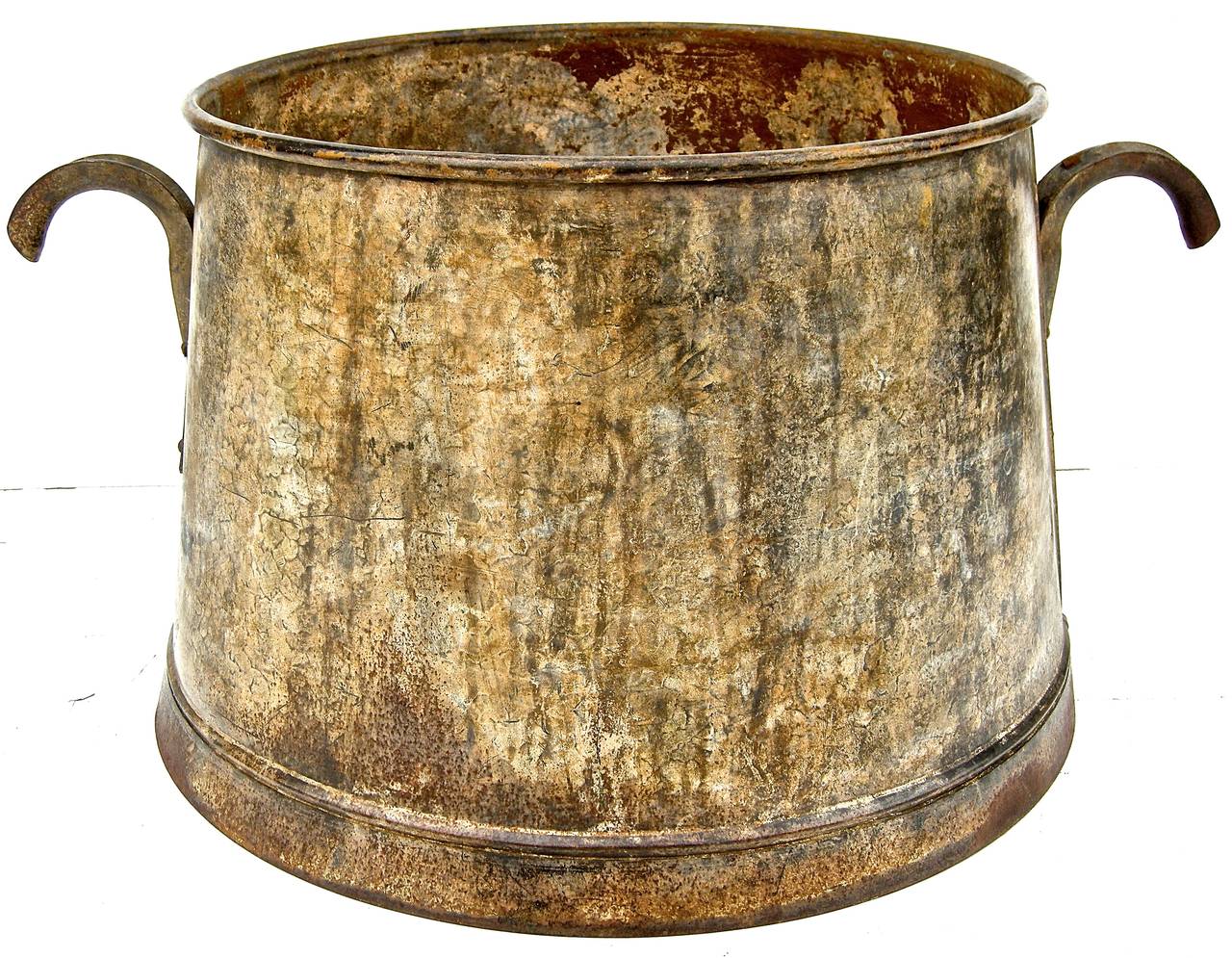 Striking vintage, metal, French dairy pot. Having a highly sculptural shape and form with an extremely unusual and eye catching pair of carrier handles. Beautiful time worn and weathered overall surface and oxidized patina.