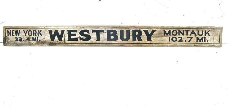 A terrific vintage, New York roadside or travel marker. Hand-painted monochromatic lettering on hand cut painted board. Eye catching Travel Americana.