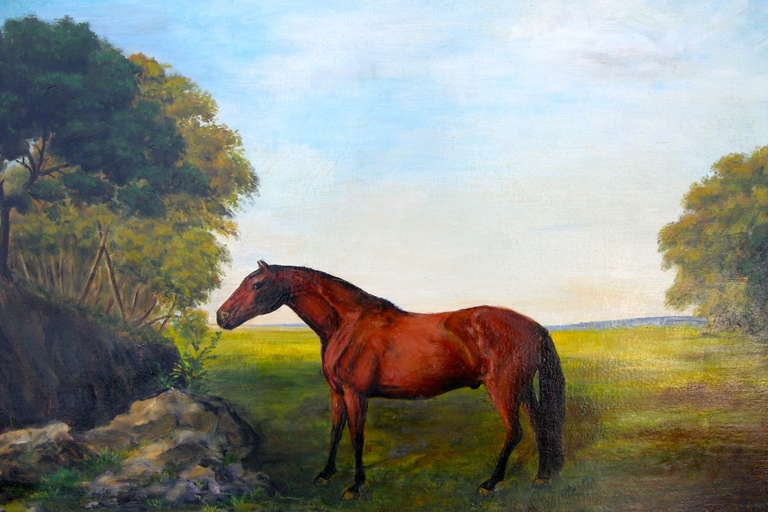 A naive yet elegantly compelling,vintage oil on canvas painting of a single horse in a bright sunny meadow. Most likely a work from an itinerate, self taught artist. Handsome early burl wood frame with silver leaf lining. Kentucky horse country