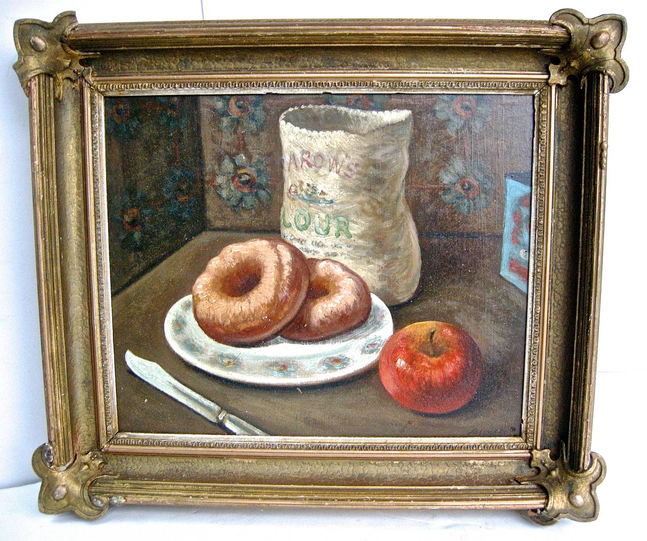 Terrific vintage still life painting. Oil on board, having a whimsical 