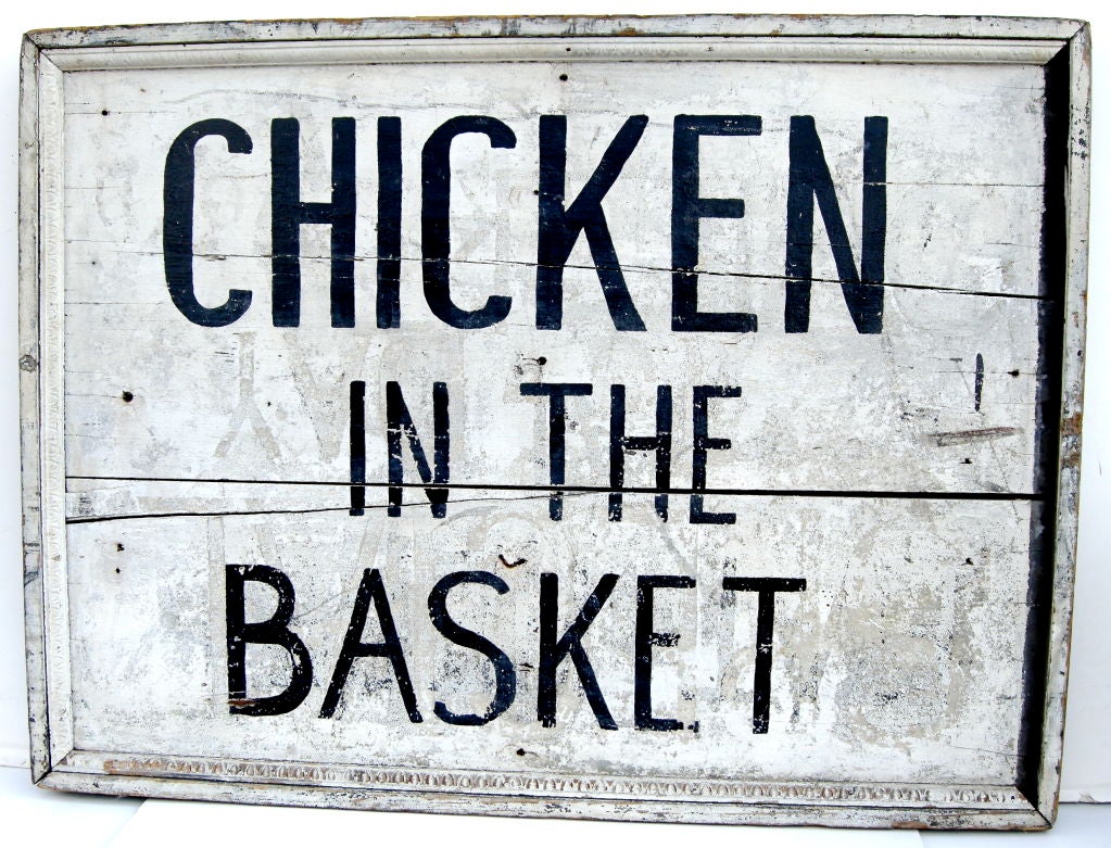 A terrific early advertisement sign in a stark and dramatic black and white color palette.  Most likely from an early restaurant or possibly a butcher shop. Subtle poultry Americana.