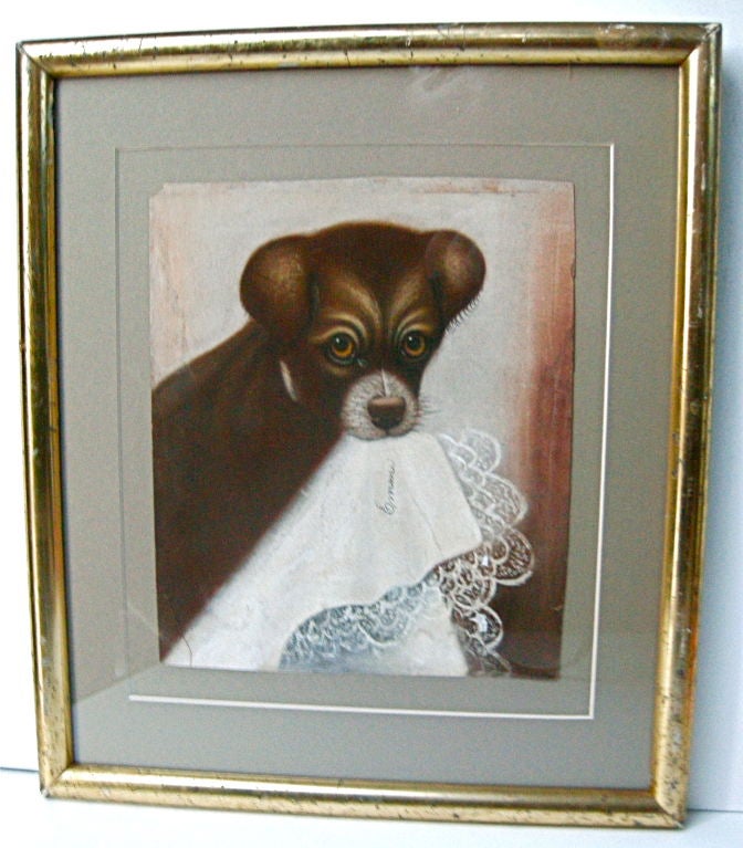 A very special vintage, pastel dog portrait.  A doe eyed terrier pup is seen holding a very lacy handkerchief with either its or its owner monocle, Emma. A warm and wonderful folky rendition of Americana 