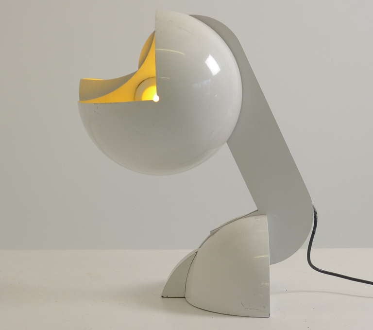 Gae Aulenti for Martinelli Luce, Italy, 1968.  La Ruspa table lamp in white coated enameled metal, two pivoting shades allow light to be directed in varying directions. Rare original example with the label as shown.  Wear and loss commensurate with