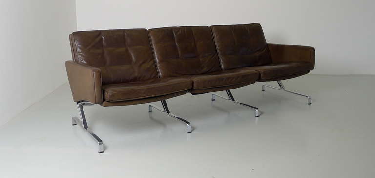 Stunning Jorgen Kastholm three-seater leather sofa , model no. JK730 , manufactured by Alfred Kill ltd , 1960's .  Dark chocolate brown leather over a steel frame. Rare leg configuration, top quality leather is in immaculate yet vintage condition,