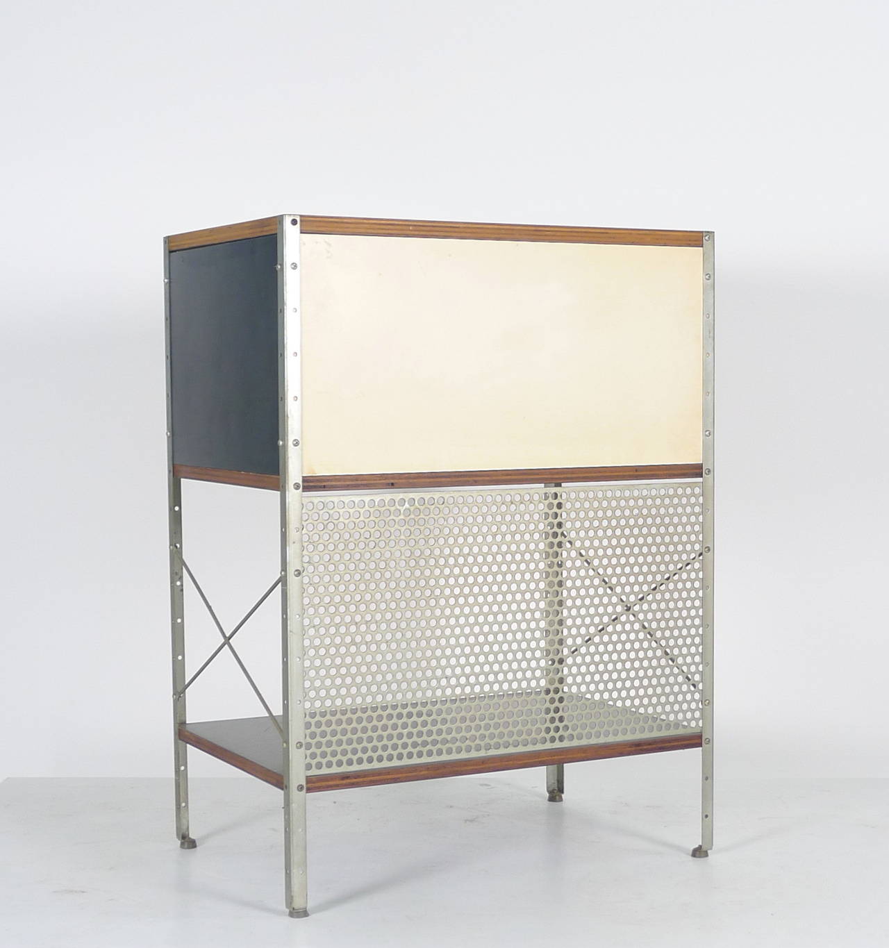Charles and Ray Eames for Herman Miller circa 1950 , a nice example of the rare 2 high 1 wide combination , or 270 . First series feet , coloured panels to the sides , cream to the back and the desirable perforated panel below . Drawer fronts and