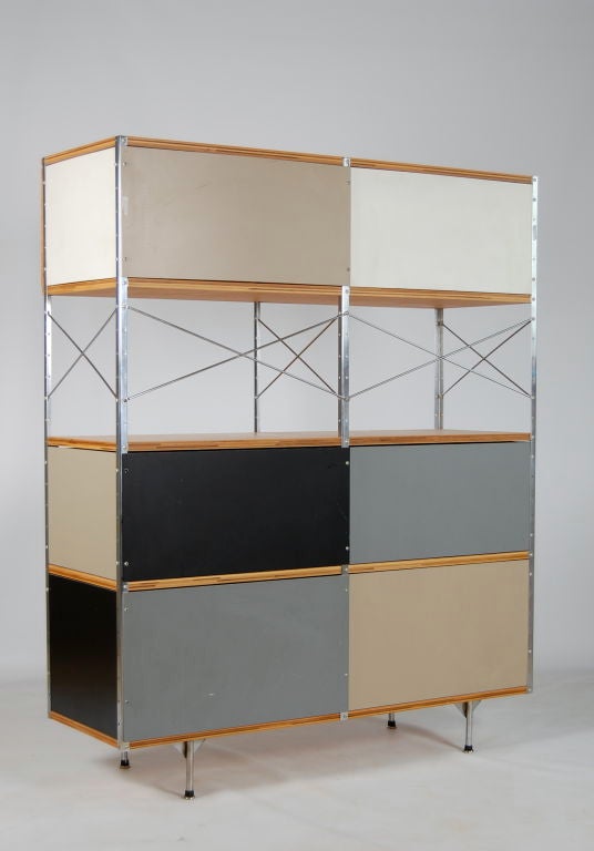 Charles and Ray Eames for Herman Miller circa 1950-52 , a second series ESU ( Eames Storage Unit) from the large 400 series , chrome plated steel framework , 11 birch ply fronted drawers to bottom 2 levels , open level framed with x braces and upper
