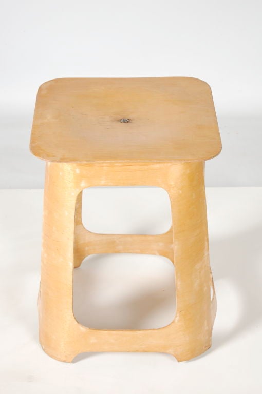 Description: Hard to find Venesta stool with the original birch finish , most of these stools were given a brown dye . Made around 1933 by Venesta , the company Jack Pritchard left to found Isokon . Devloped for the 