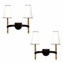 Pair of stitched black leather wall sconces by Jacques Adnet