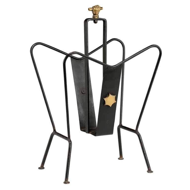 Lacquered metal magazine rack by Jacques Adnet For Sale