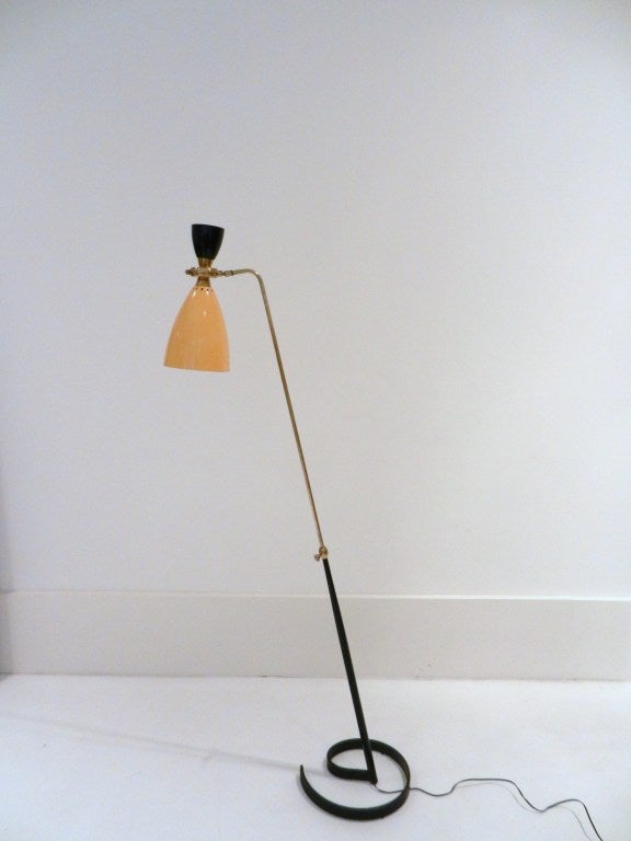 French Standing Lamp with black lacquered metal base and yellow and black lacquered metal shade. The height is regulatable and shade can be rotated.