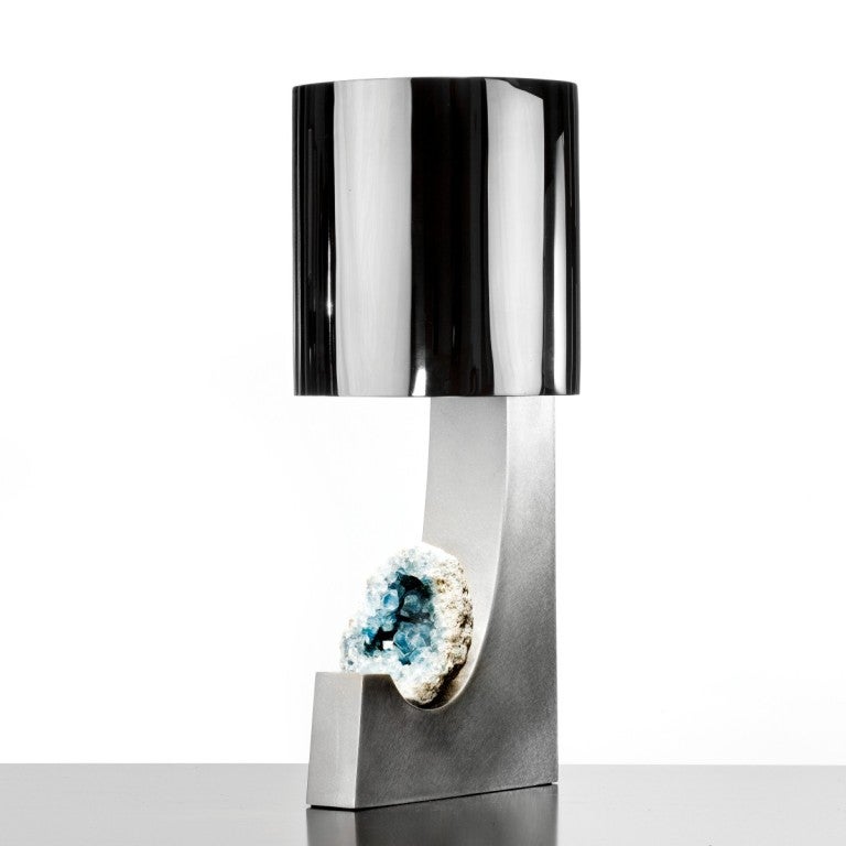 Pair of brushed and polished steel hand made and hand polished contemporary table lamps with inset 
celestite mineral detail.Available individually. The Celestite was quarried from Sakoany Mine Sofia region of Madagascar.  Edition of 3 designed by