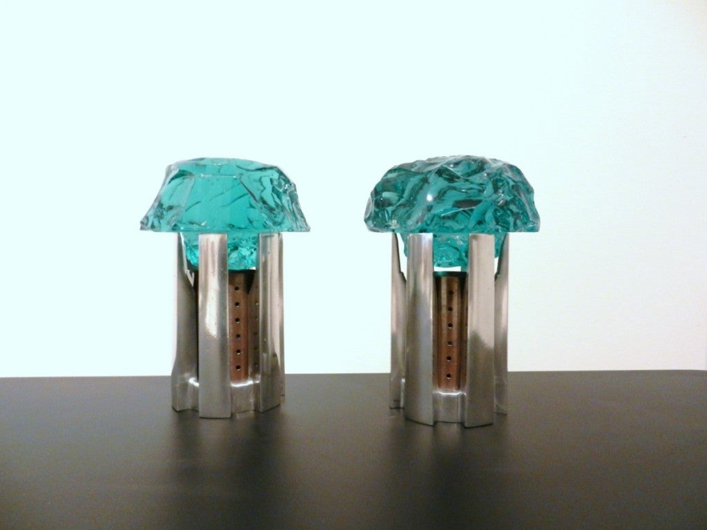 Pair of unique green glass table lamps using vintage polished steel bases. Designed by Roberto Giulio Rida.