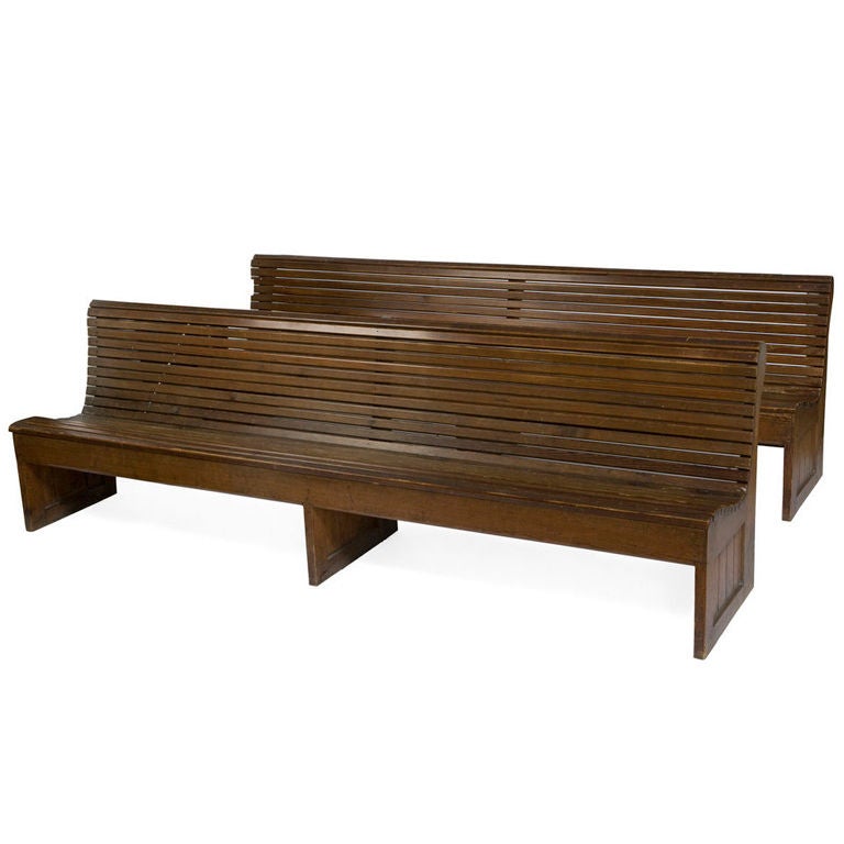 Pair of Pitch Pine Slatted Benches For Sale