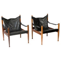 Pair of Black Leather Safari Chairs