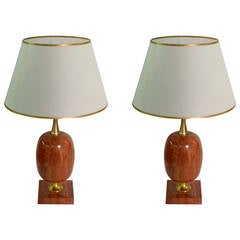 Pair of 1960s Rose Marble & Brass Lamps by Maison Jansen
