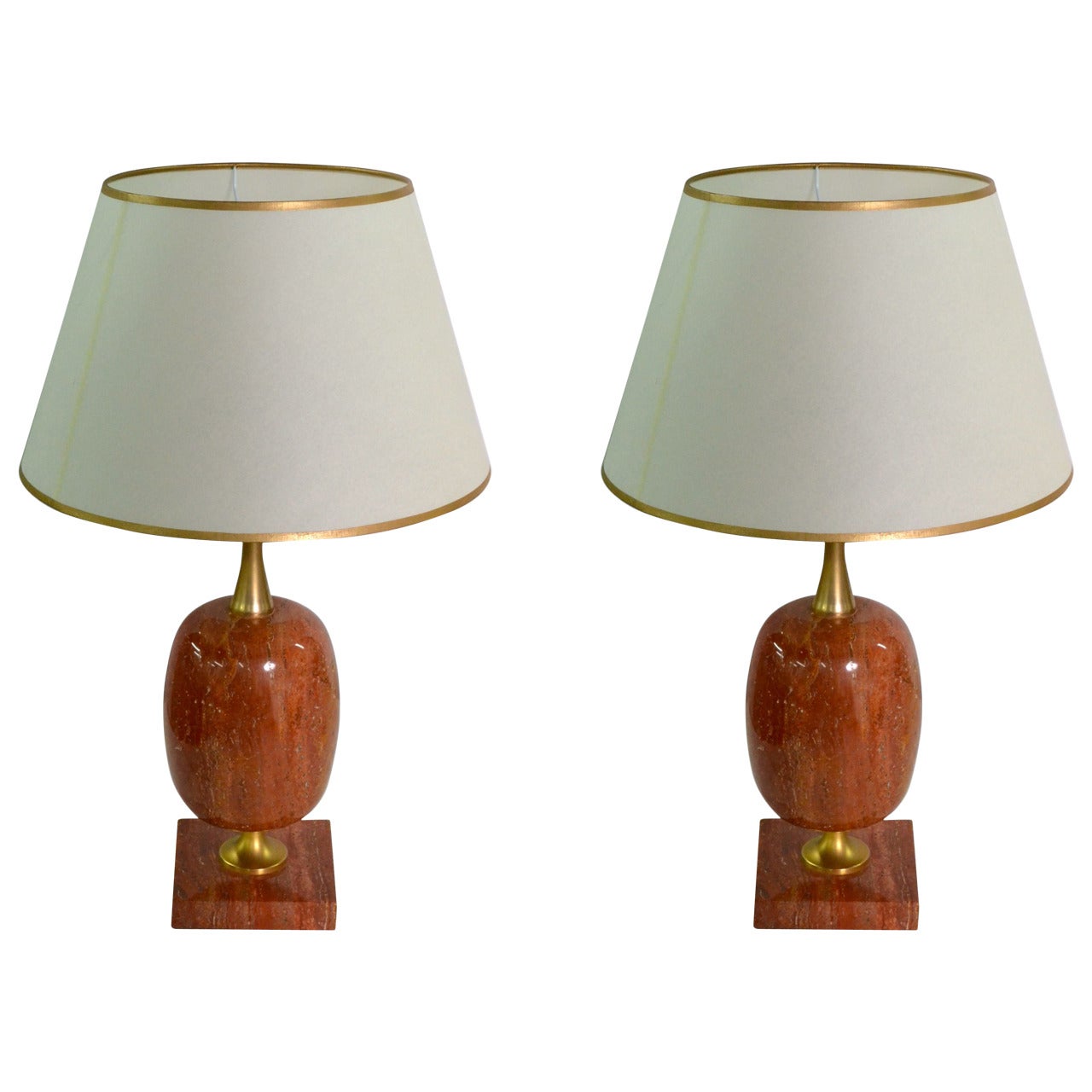 Pair of 1960s Rose Marble & Brass Lamps by Maison Jansen