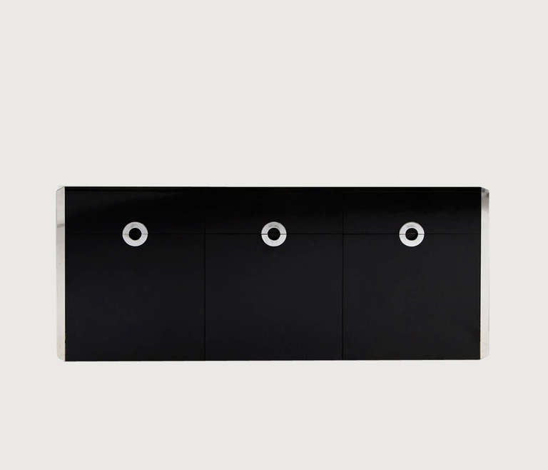 Black melamine sideboard with chromed steel handles, three drawers and three doors designed by Mario Sabot, Italy, circa 1970.