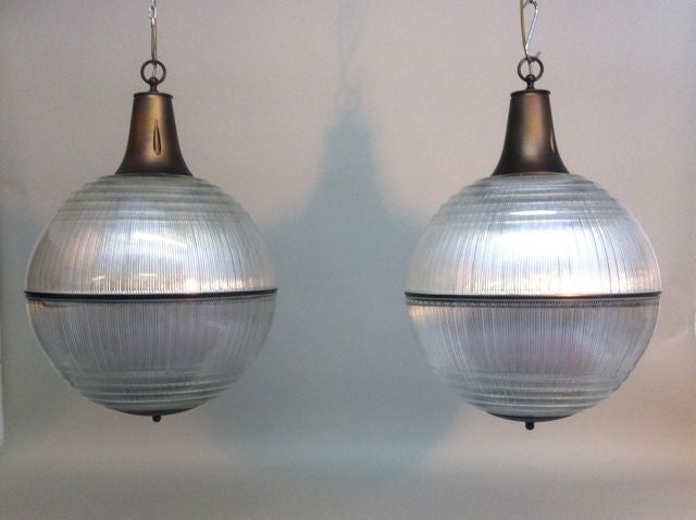 Pair of Large Glass Industrial Lights