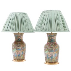 Antique Pair Of Chinese Porcelain Canton Vases Made Into Lamps